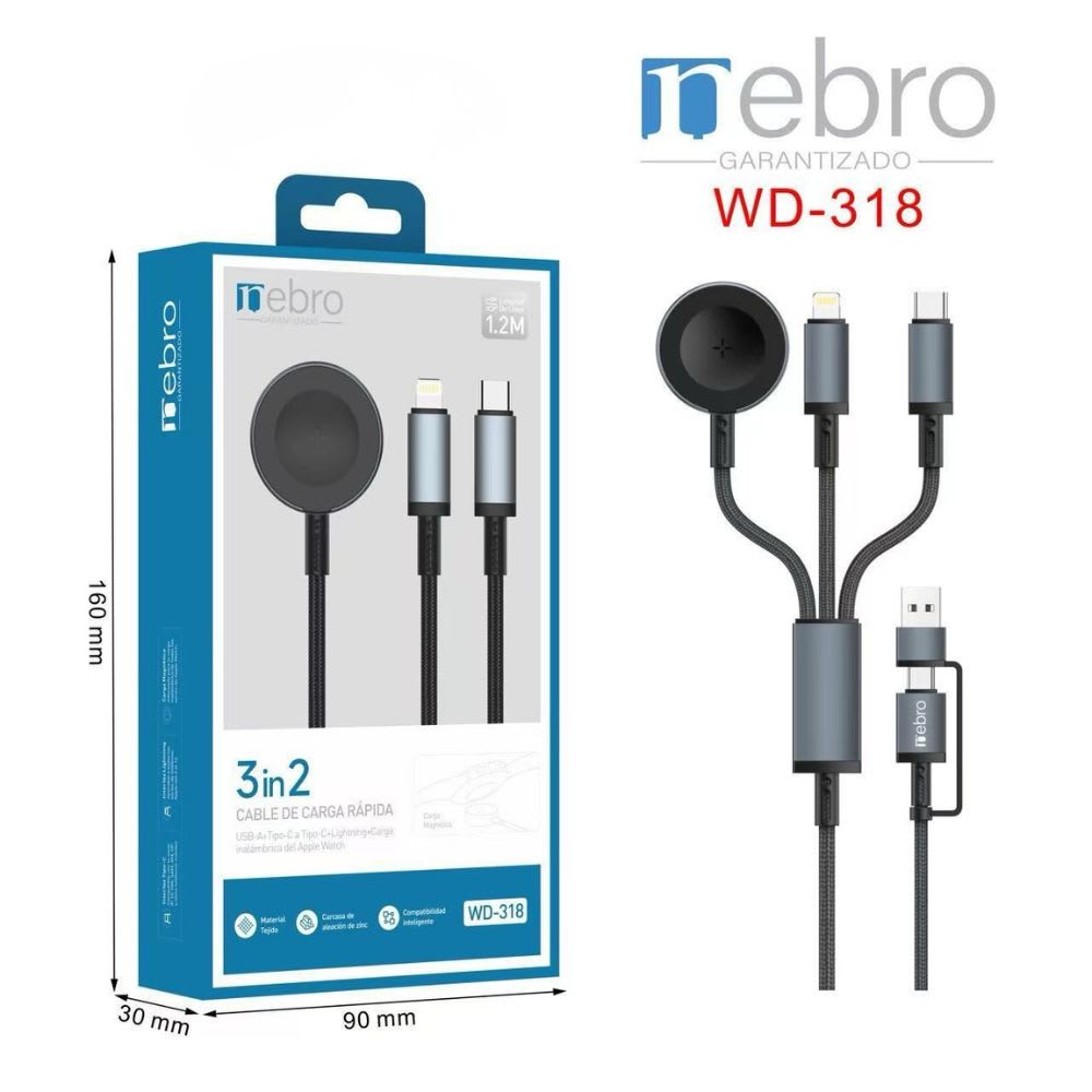 Cable 1.2m Cargador 3 en 1 USB-A + Tipo-C + Lightning + Carga Magnética Nebro WD-3182