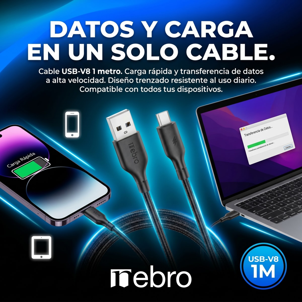Cable Micro USB - V8  NEBRO WD05M  1MTS DE SILICON4