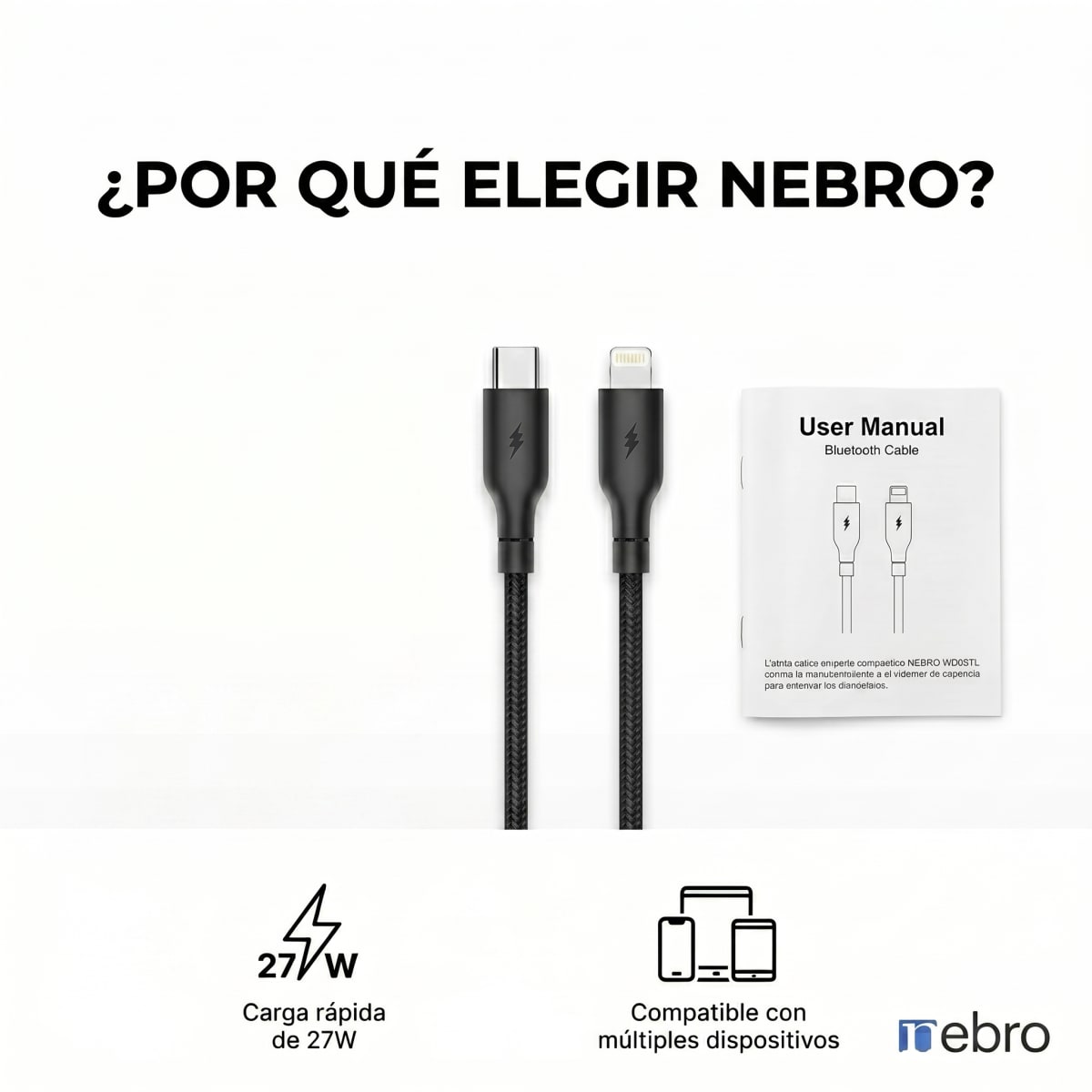 Cable Lightning Solar NEBRO WD05TL 27W iPhone iPad Carga Rápida y Solar4
