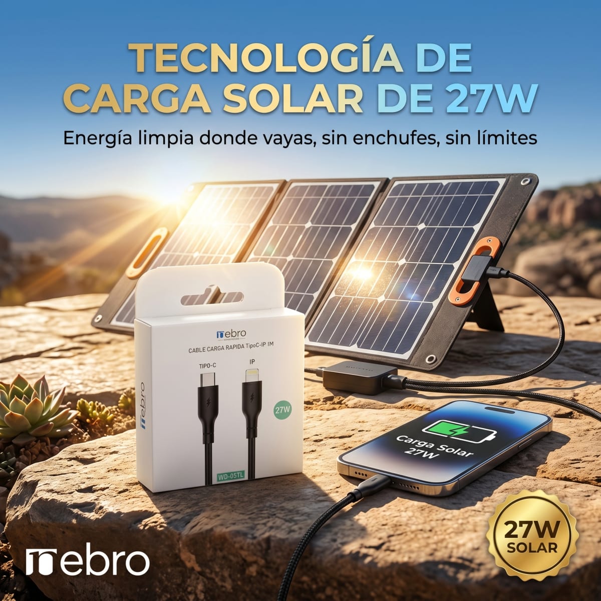 Cable Lightning Solar NEBRO WD05TL 27W iPhone iPad Carga Rápida y Solar3