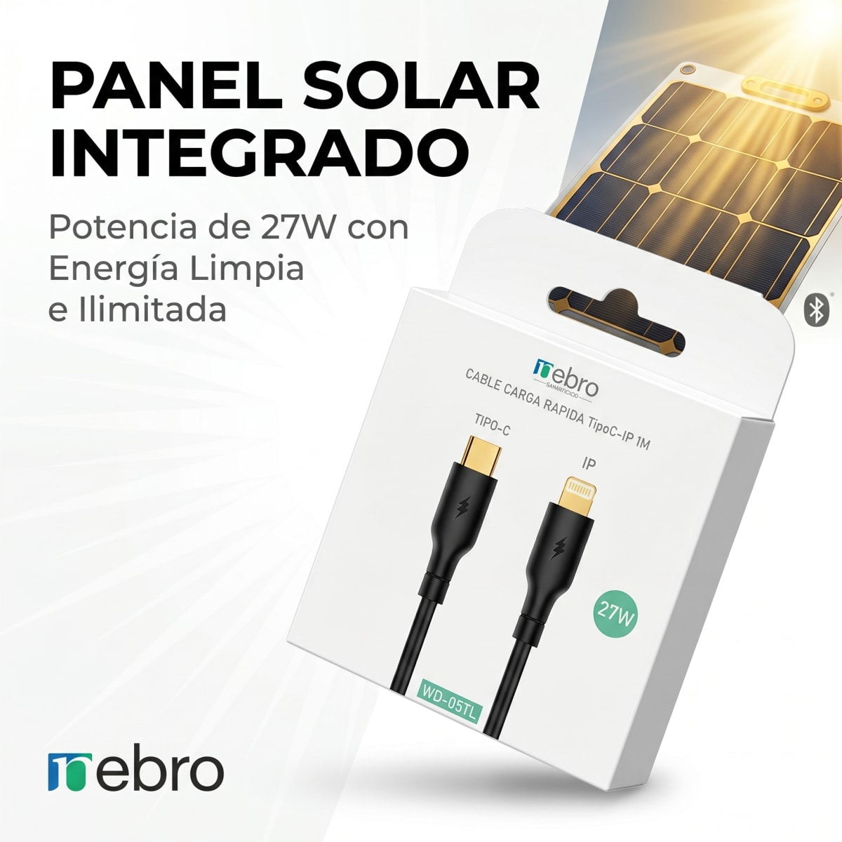 Cable Lightning Solar NEBRO WD05TL 27W iPhone iPad Carga Rápida y Solar2