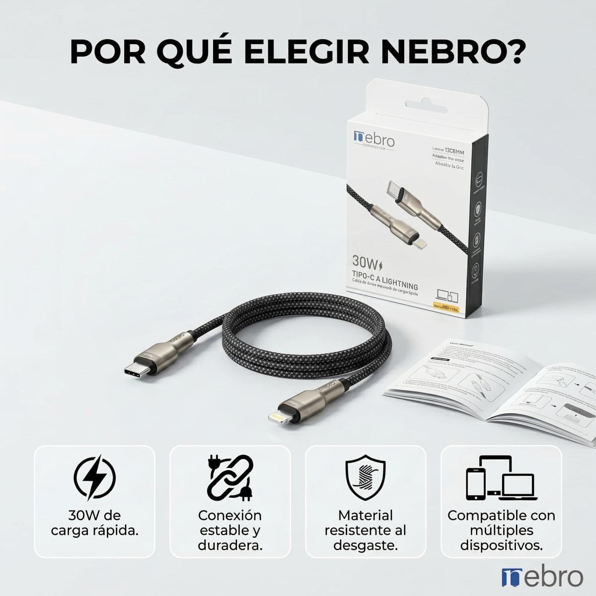 Cable Lightning NEBRO WD114L 30W 10 metros Carga rápida1