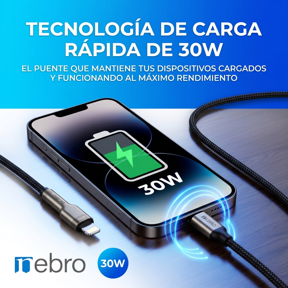 Cable Lightning NEBRO WD114L 30W 10 metros Carga rápida2