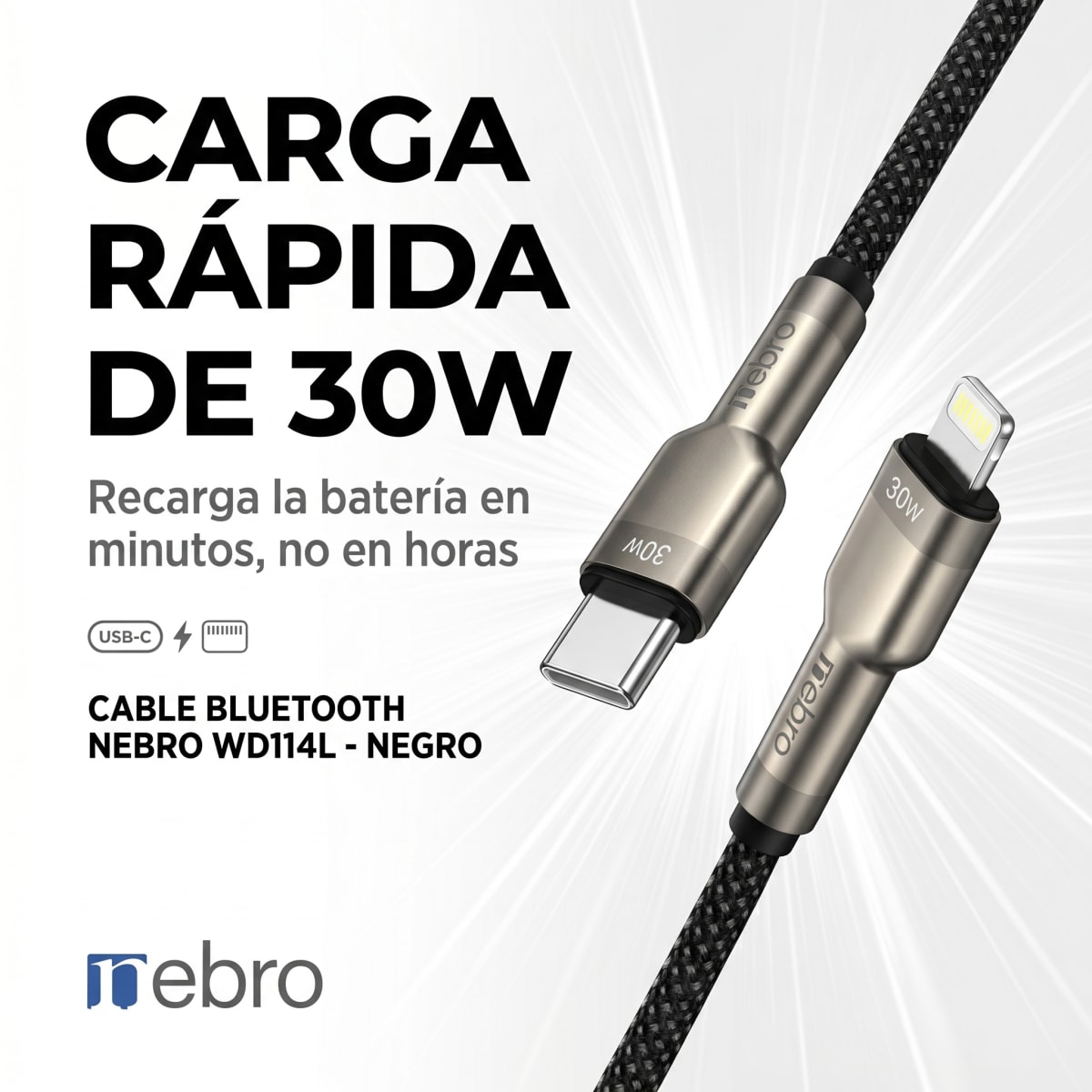 Cable Lightning NEBRO WD114L 30W 10 metros Carga rápida3