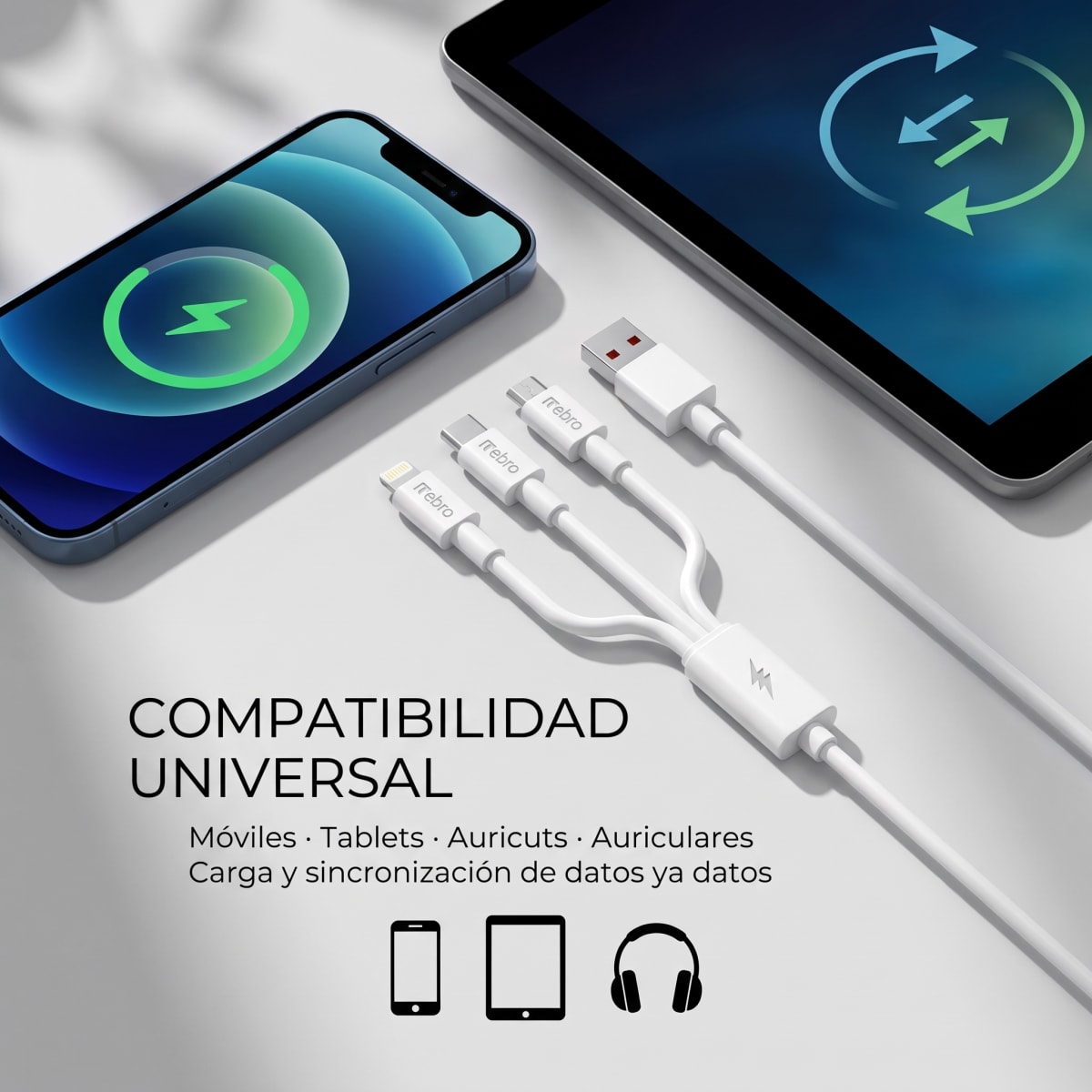 Cable 3 en 1 Dato y Carga Nebro WD-013 USB V8/TC/IP 3A 1.2m7