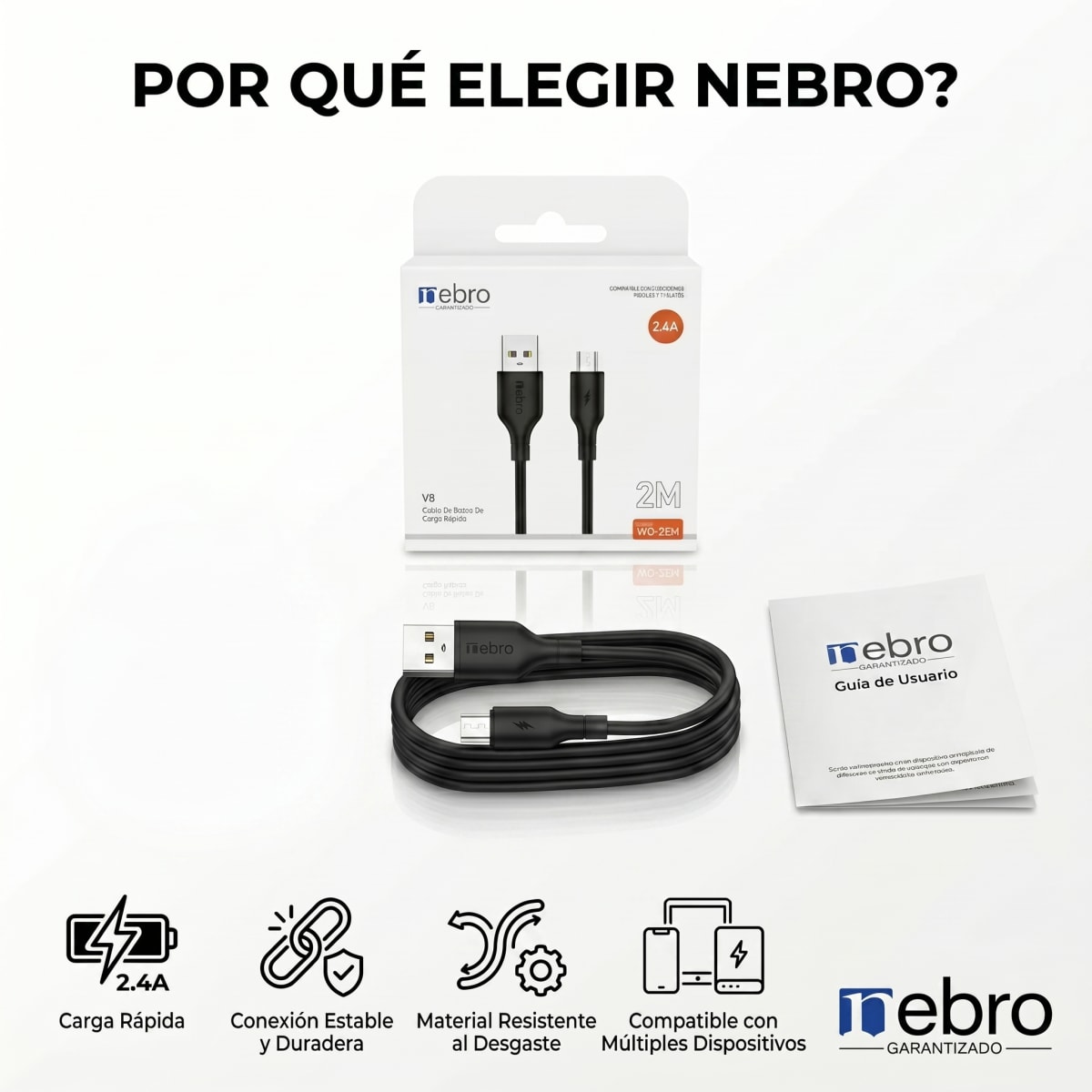 Cable Micro USB NEBRO WD25M 2.4A 2 Metros Carga Rápida1