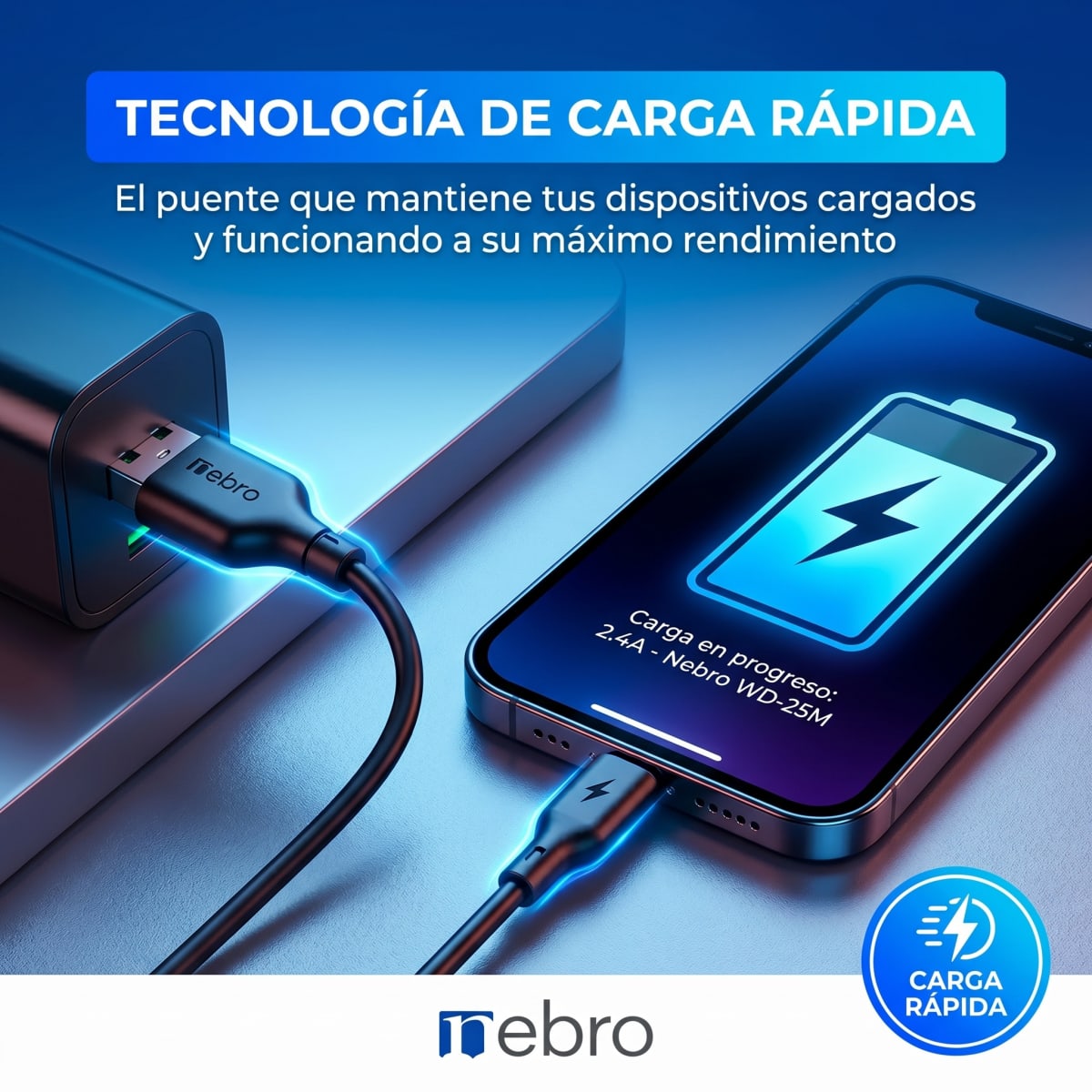 Cable Micro USB NEBRO WD25M 2.4A 2 Metros Carga Rápida2