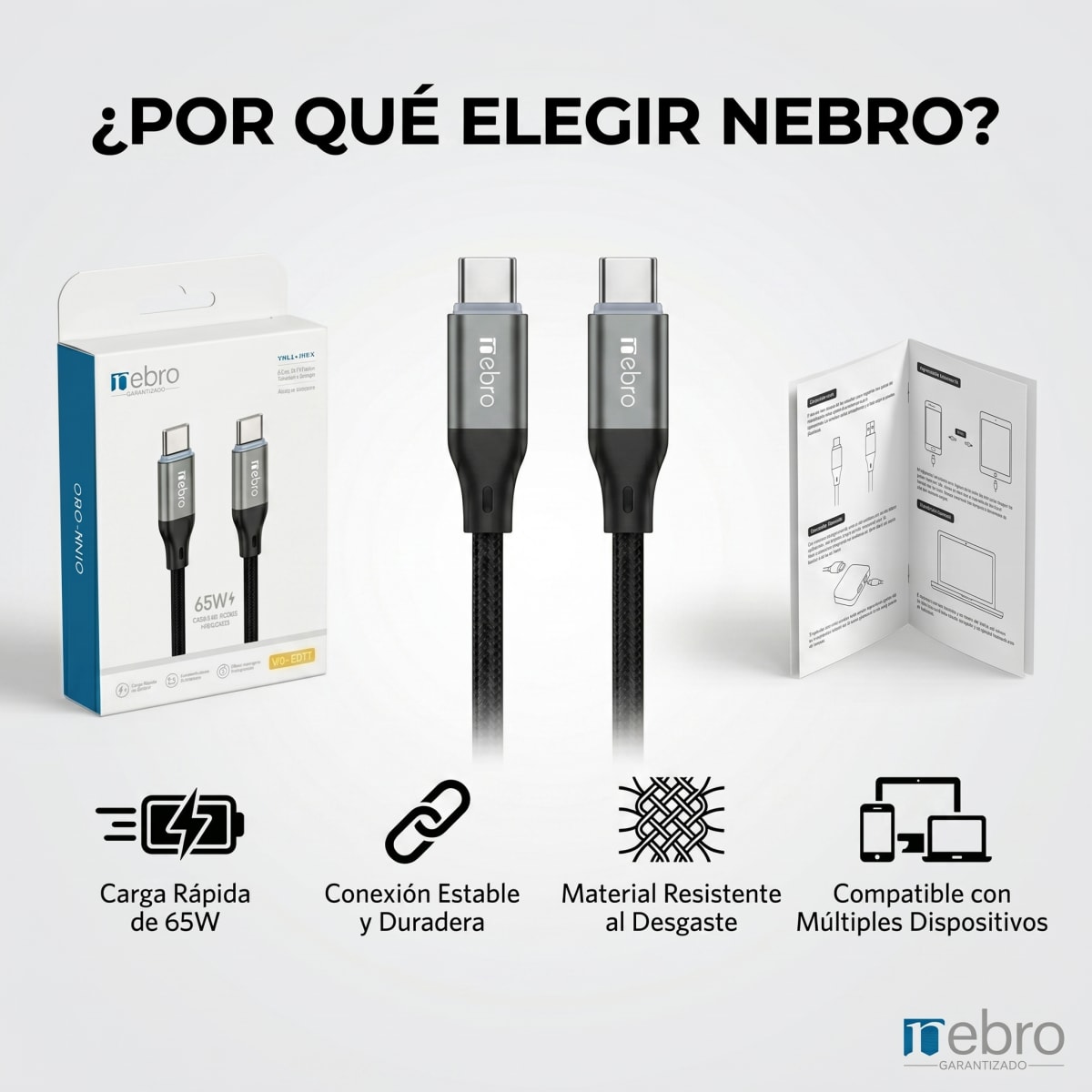 Cable trenzado 65w 1m C/C nebro Modelo WD301TT Carga rapida1