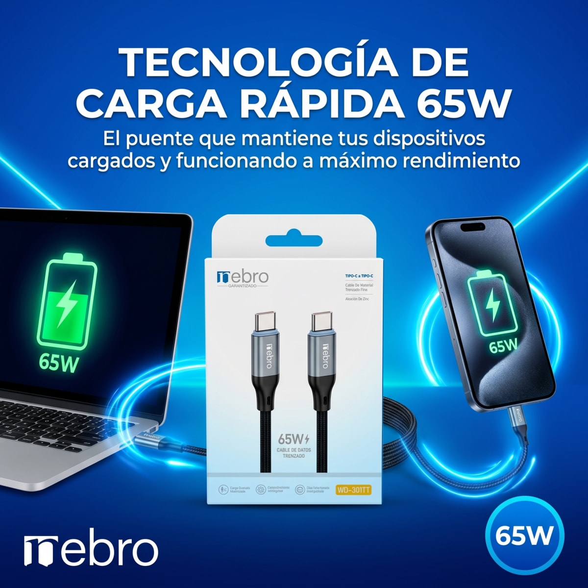Cable trenzado 65w 1m C/C nebro Modelo WD301TT Carga rapida2