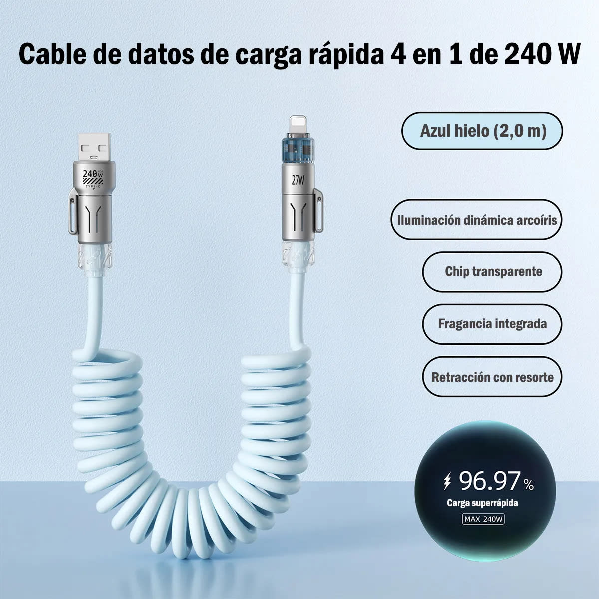 Cable METAL SILICONA NEBRO WD-317 4 EN 1 DE 27W Carga Rápida PD USB-C Lightning Micro USB 2 MTS SALIDA 4.0 A7