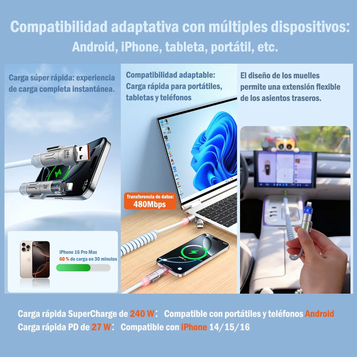 Cable METAL SILICONA NEBRO WD-317 4 EN 1 DE 27W Carga Rápida PD USB-C Lightning Micro USB 2 MTS SALIDA 4.0 A5