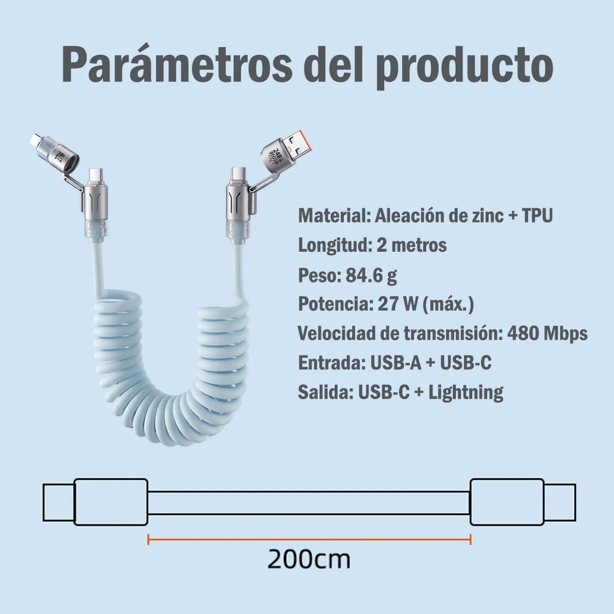 Cable METAL SILICONA NEBRO WD-317 4 EN 1 DE 27W Carga Rápida PD USB-C Lightning Micro USB 2 MTS SALIDA 4.0 A4