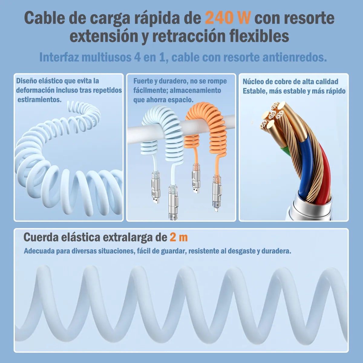 Cable METAL SILICONA NEBRO WD-317 4 EN 1 DE 27W Carga Rápida PD USB-C Lightning Micro USB 2 MTS SALIDA 4.0 A3