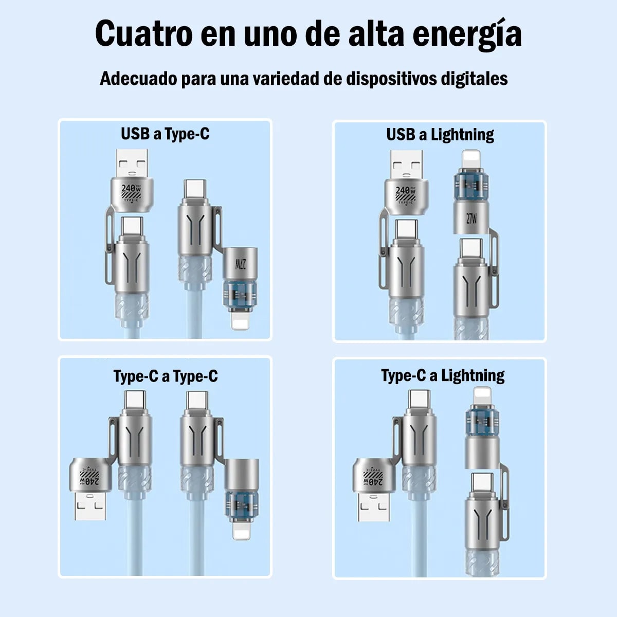 Cable METAL SILICONA NEBRO WD-317 4 EN 1 DE 27W Carga Rápida PD USB-C Lightning Micro USB 2 MTS SALIDA 4.0 A2