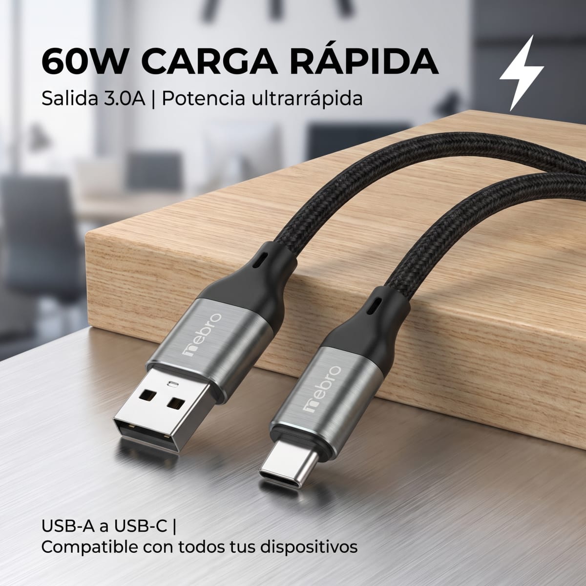 Cable Nebro WD-301T  USB-A a USB-C Trenzado Carga rápida 60W4