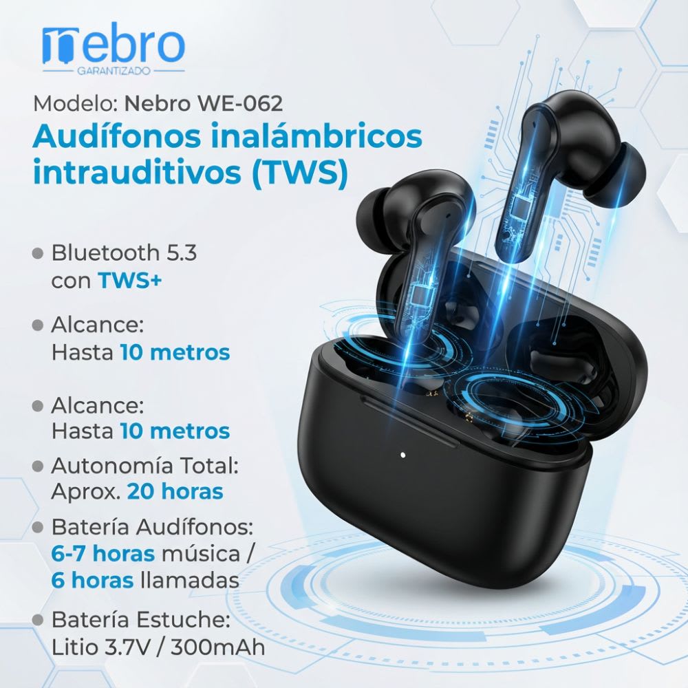 Audífonos Bluetooth 30mAh / Estuche 300mAh 20h con estuche Nebro WE-0626
