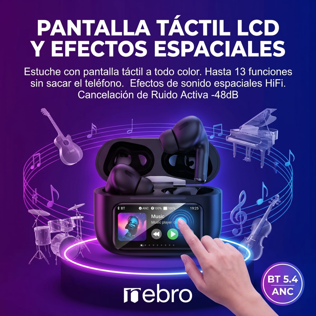 Audífonos Inalámbricos Nebro WE-509 Bluetooth 5.4 Cancelación Activa de Ruido Sonido HiFi Efectos Espaciales Pantalla Táctil LCD4