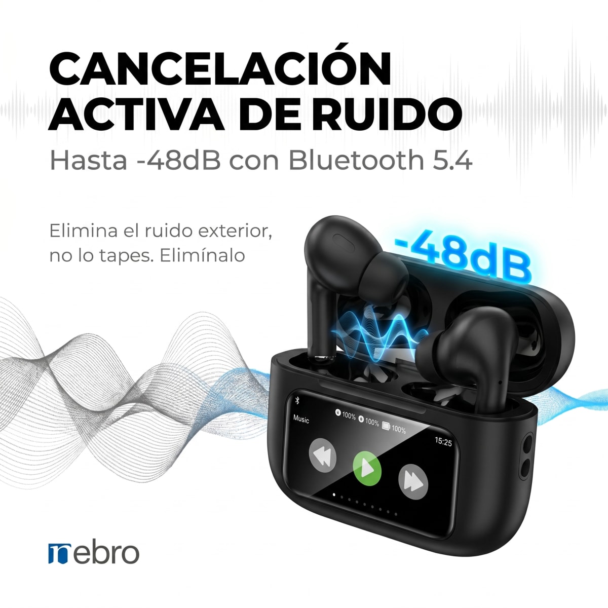 Audífonos Inalámbricos Nebro WE-509 Bluetooth 5.4 Cancelación Activa de Ruido Sonido HiFi Efectos Espaciales Pantalla Táctil LCD2