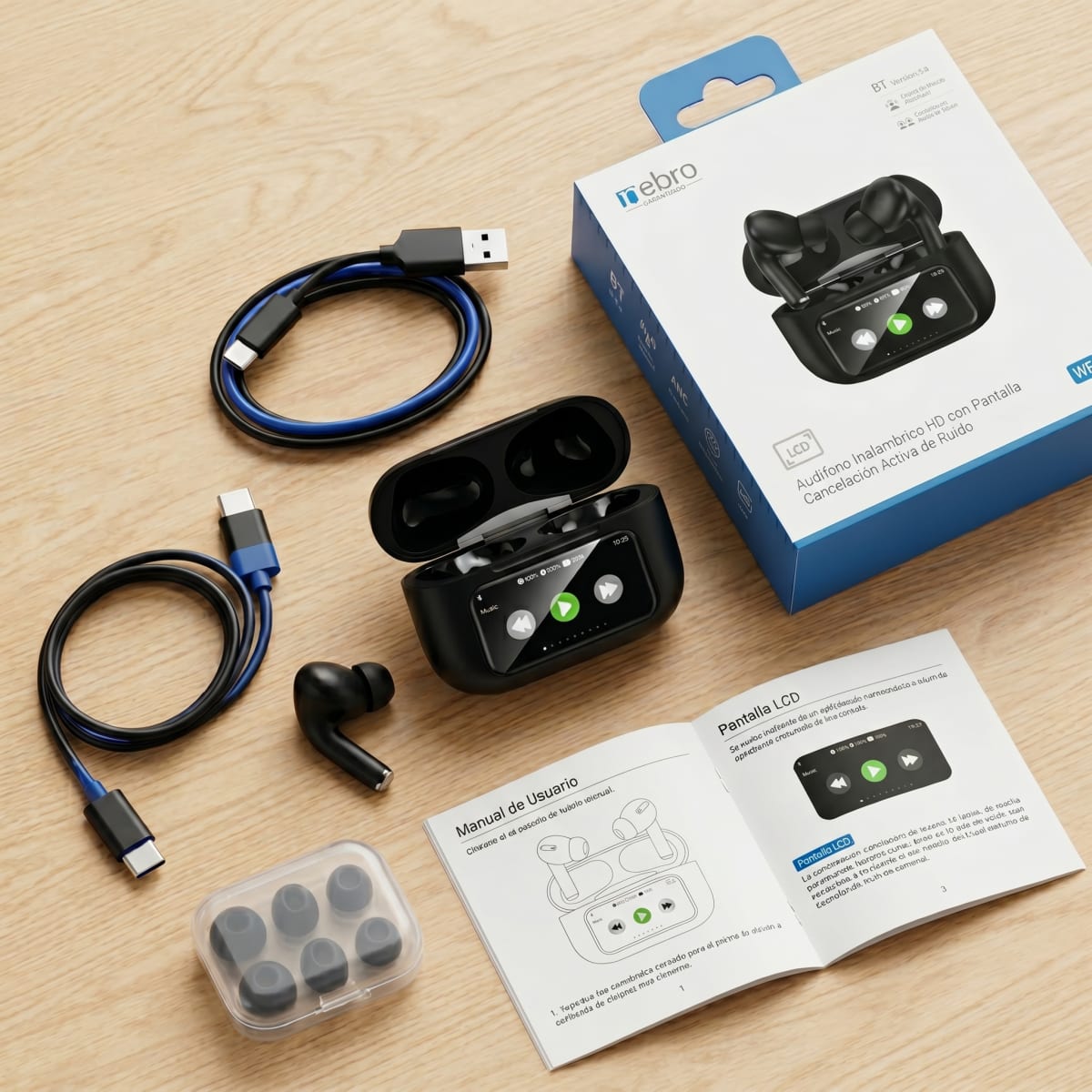 Audífonos Inalámbricos Nebro WE-509 Bluetooth 5.4 Cancelación Activa de Ruido Sonido HiFi Efectos Espaciales Pantalla Táctil LCD6