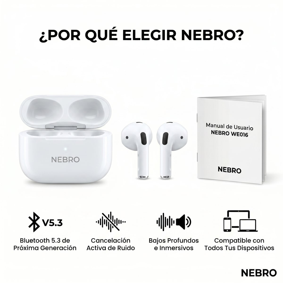 Audífonos Inalámbricos NEBRO WE016 Bluetooth Cancela Ruido1