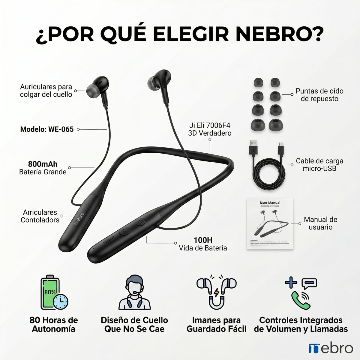 Audífonos Collar NEBRO WE065 Bluetooth 53 80h Batería 800mAh1