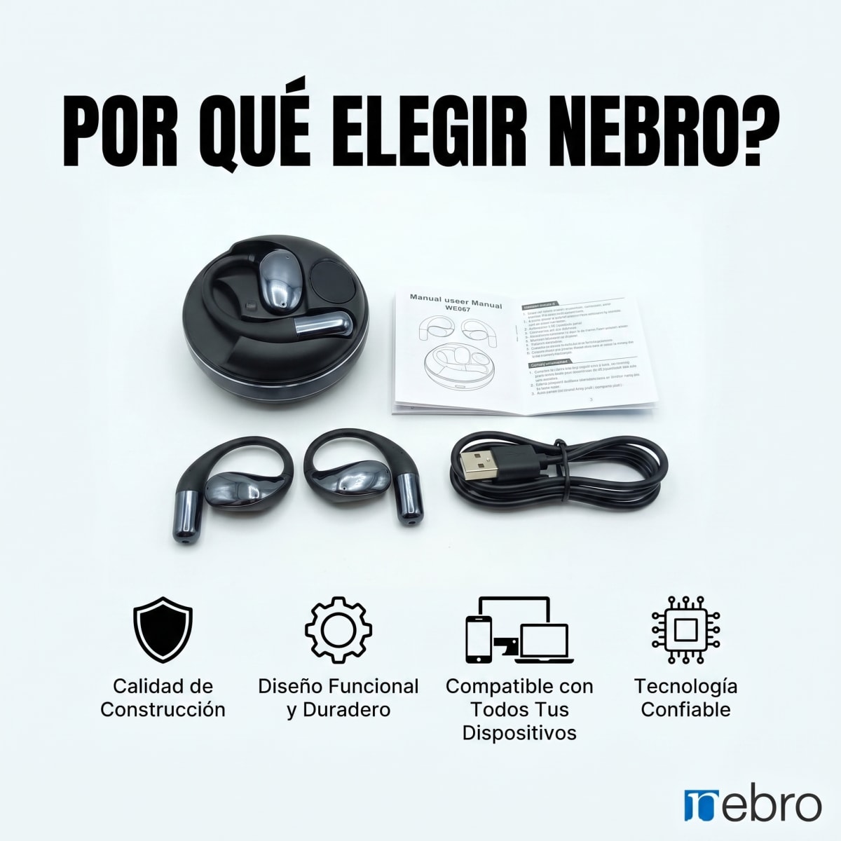 Audífonos inalámbricos Bluetooth NEBRO WE067 Alcance 10m2