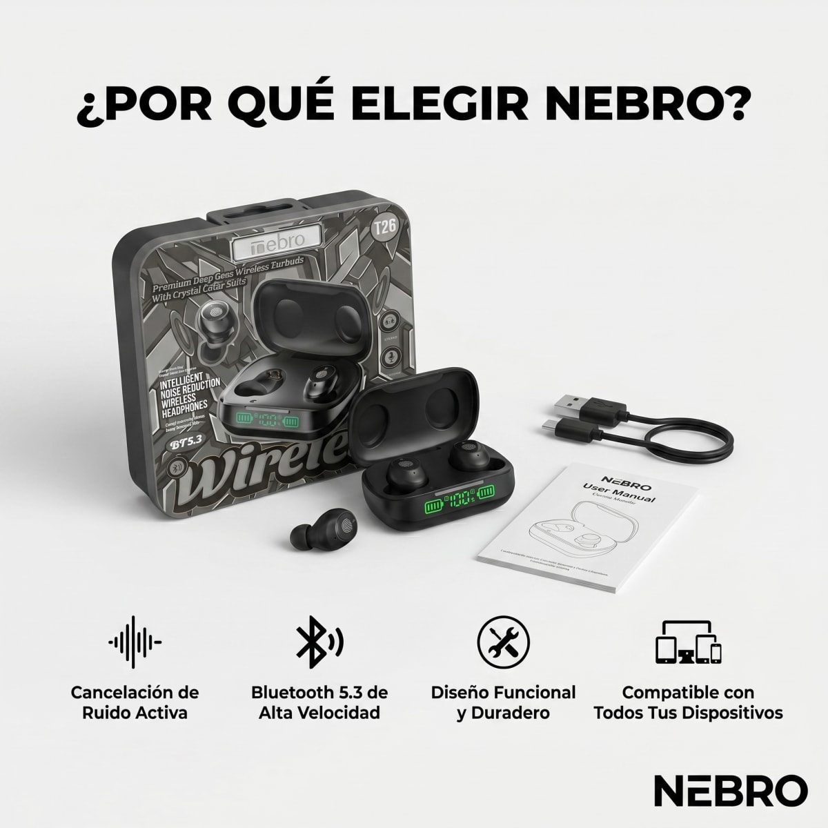 Audífonos Bluetooth NEBRO WET26 Bluetooth 53 Cancela Ruido 0