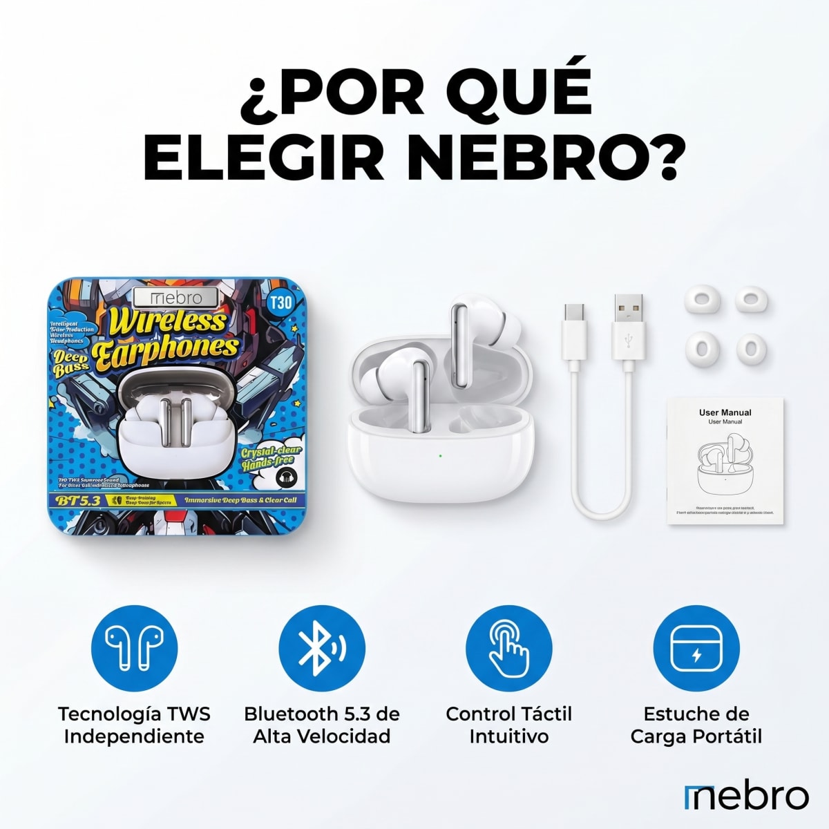 Audífonos Inalambricos deep bass Bluetooth TWS NEBRO WET301