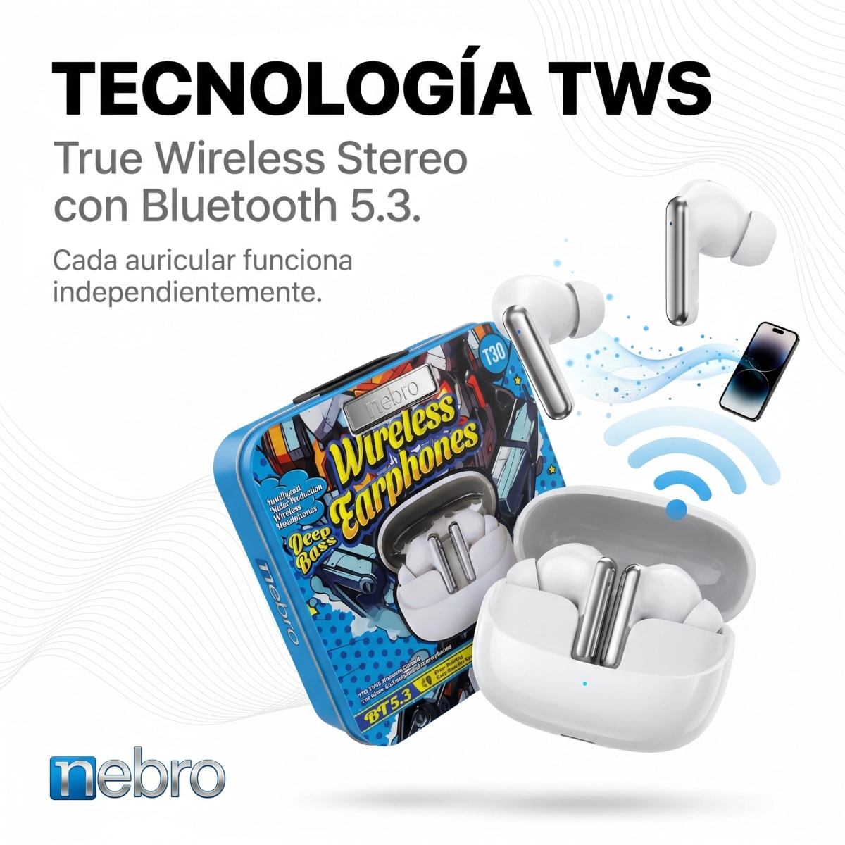 Audífonos Inalambricos deep bass Bluetooth TWS NEBRO WET303
