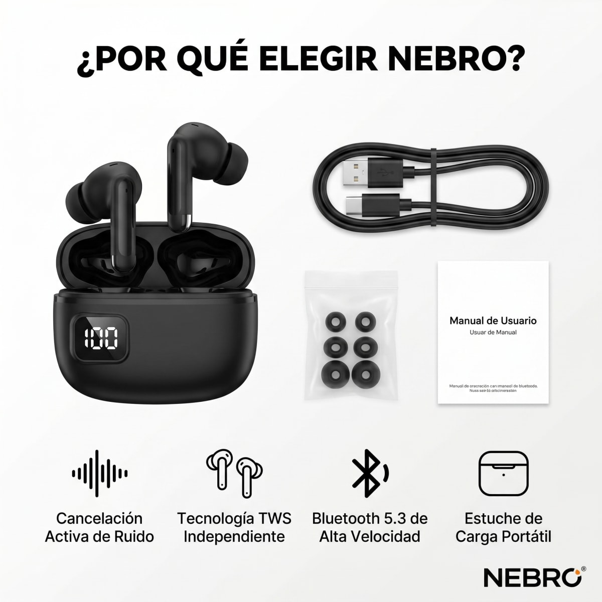 Audífonos Bluetooth TWS NEBRO WET25S Bluetooth 53 Cancelación Ruido6