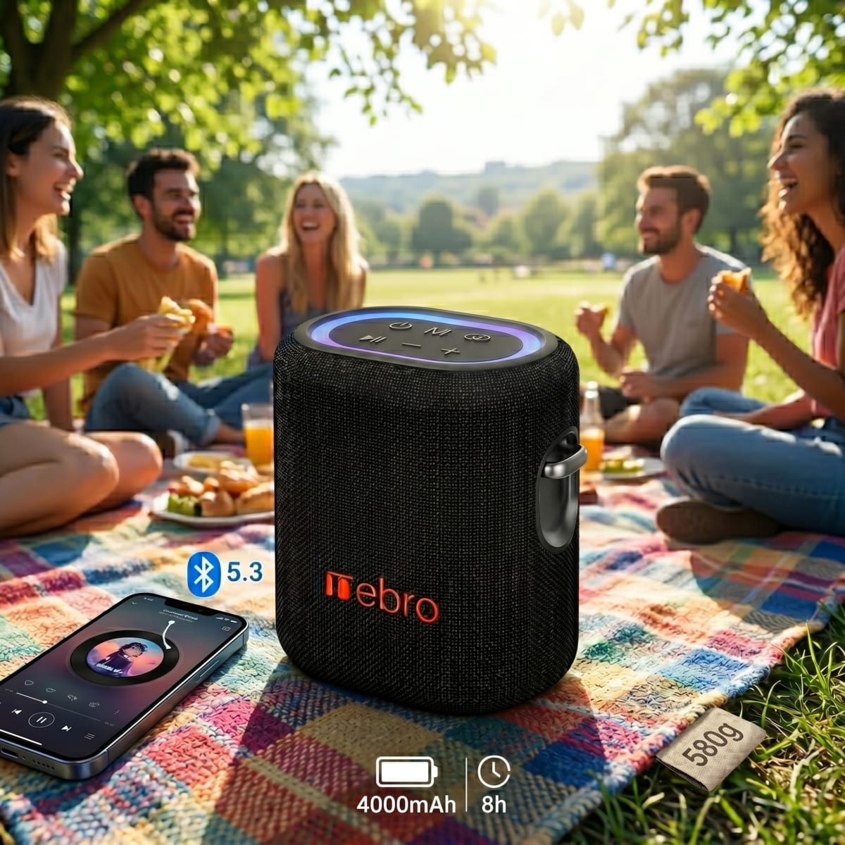 Bocina Inalámbrica Nebro WG-137 Bluetooth 5.3 20W de Potencia Sonido Envolvente 66mm Batería 4000mAh 8 Horas de Reproducción Luz RGB TWS TF y Auxiliar5