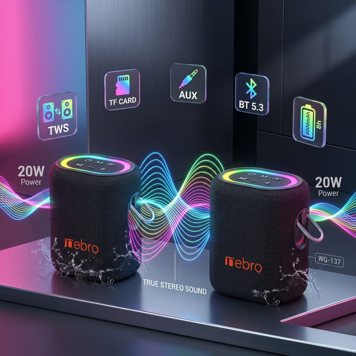 Bocina Inalámbrica Nebro WG-137 Bluetooth 5.3 20W de Potencia Sonido Envolvente 66mm Batería 4000mAh 8 Horas de Reproducción Luz RGB TWS TF y Auxiliar6