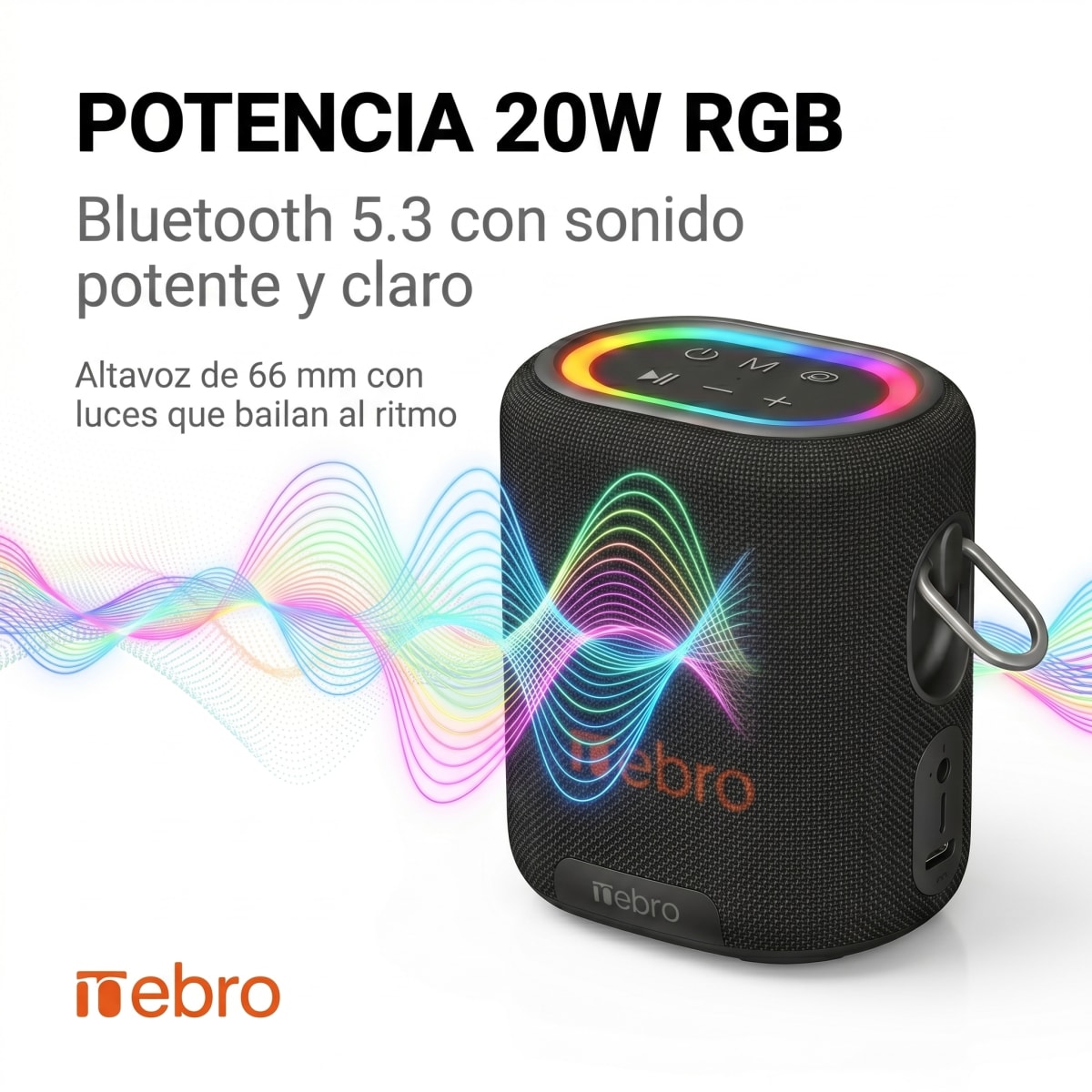 Bocina Inalámbrica Nebro WG-137 Bluetooth 5.3 20W de Potencia Sonido Envolvente 66mm Batería 4000mAh 8 Horas de Reproducción Luz RGB TWS TF y Auxiliar2