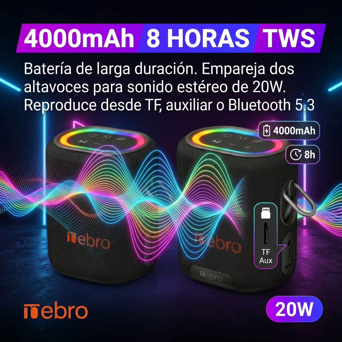Bocina Inalámbrica Nebro WG-137 Bluetooth 5.3 20W de Potencia Sonido Envolvente 66mm Batería 4000mAh 8 Horas de Reproducción Luz RGB TWS TF y Auxiliar4
