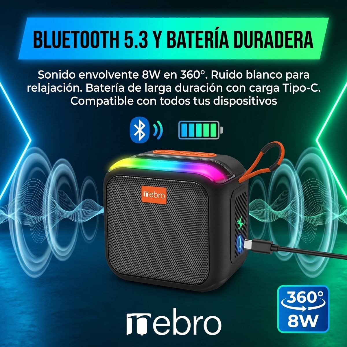 Bocina Inalámbrica Nebro WG-185 Bluetooth 5.3 Sonido Envolvente 360° 8W4
