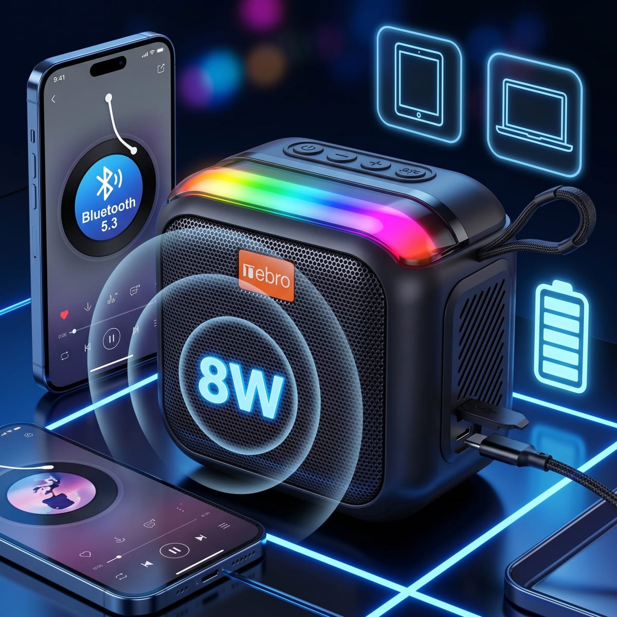 Bocina Inalámbrica Nebro WG-185 Bluetooth 5.3 Sonido Envolvente 360° 8W3