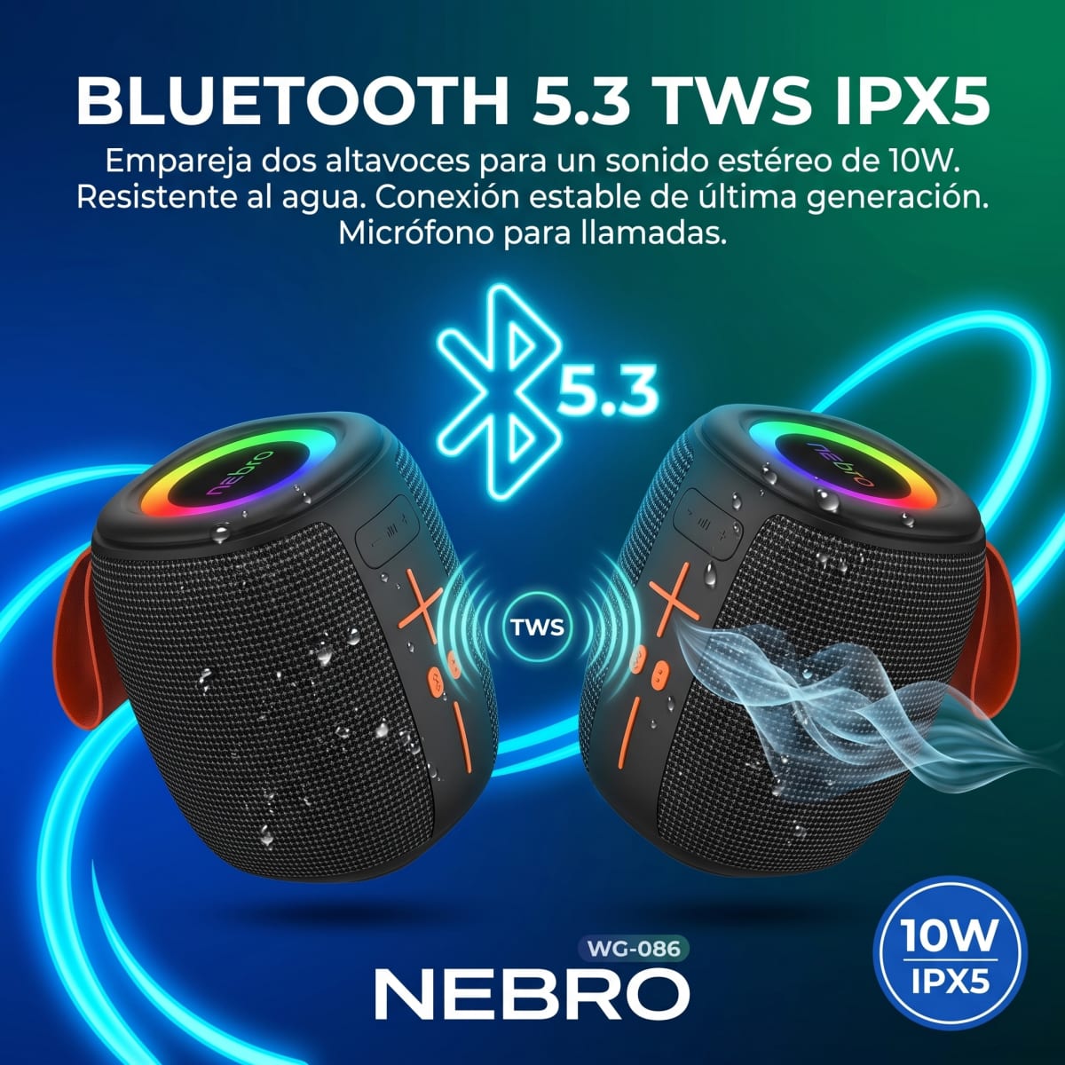 Bocina Bluetooth TWS NEBRO WG086 Bluetooth 53 10W IPX54
