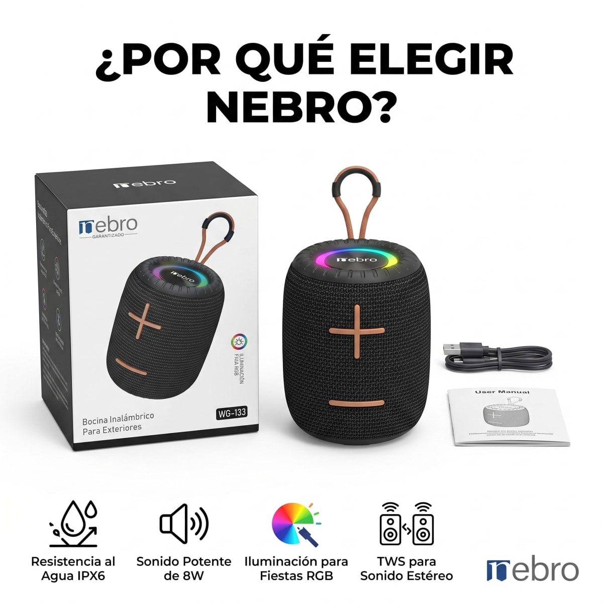 Bocina Bluetooth RGB Exterior NEBRO WG133 8W IPX6 TWS1