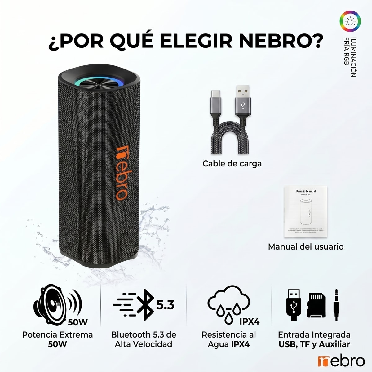 Bocina Bluetooth NEBRO WG140 Bluetooth 53 50W 8h IPX41
