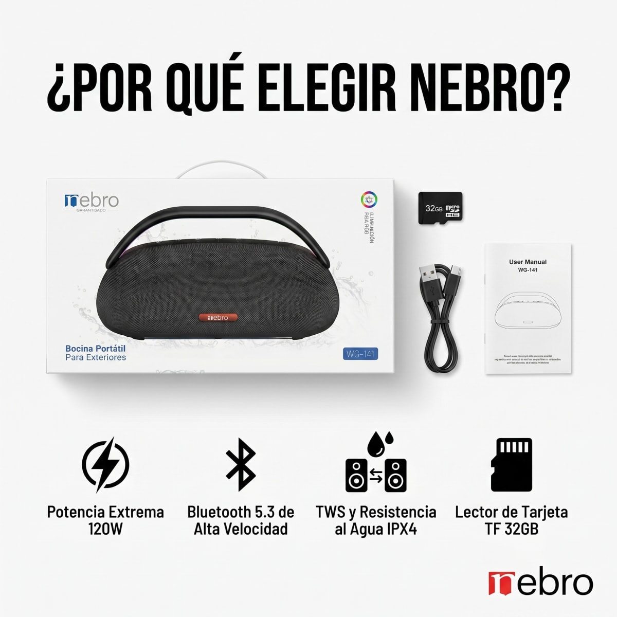 Bocina Bluetooth TWS NEBRO WG141 Bluetooth 53 120W IPX41