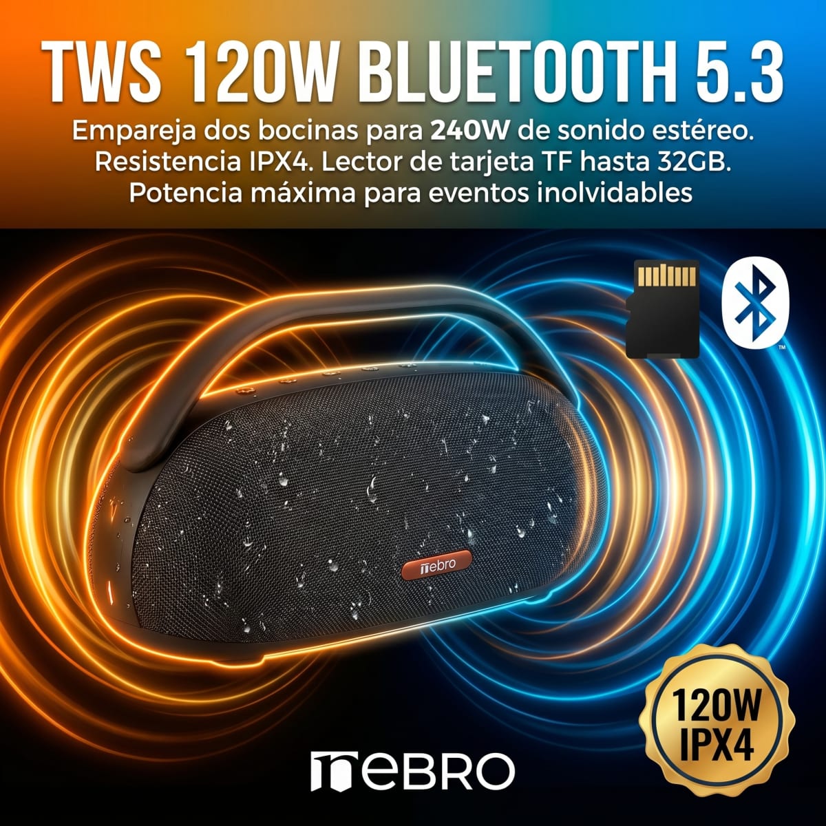 Bocina Bluetooth TWS NEBRO WG141 Bluetooth 53 120W IPX42