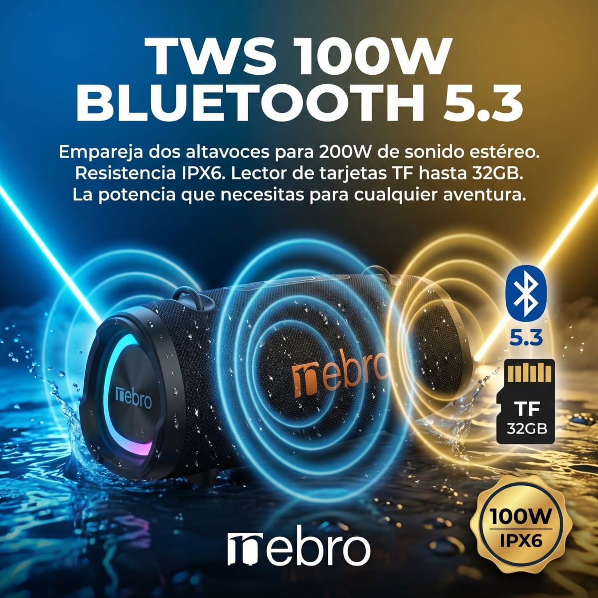 Bocina Bluetooth TWS NEBRO WG143 Bluetooth 53 100W IPX62