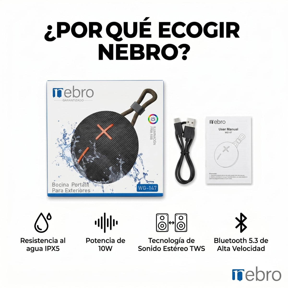 Bocina Bluetooth TWS NEBRO WG147 Bluetooth 53 10W IPX57