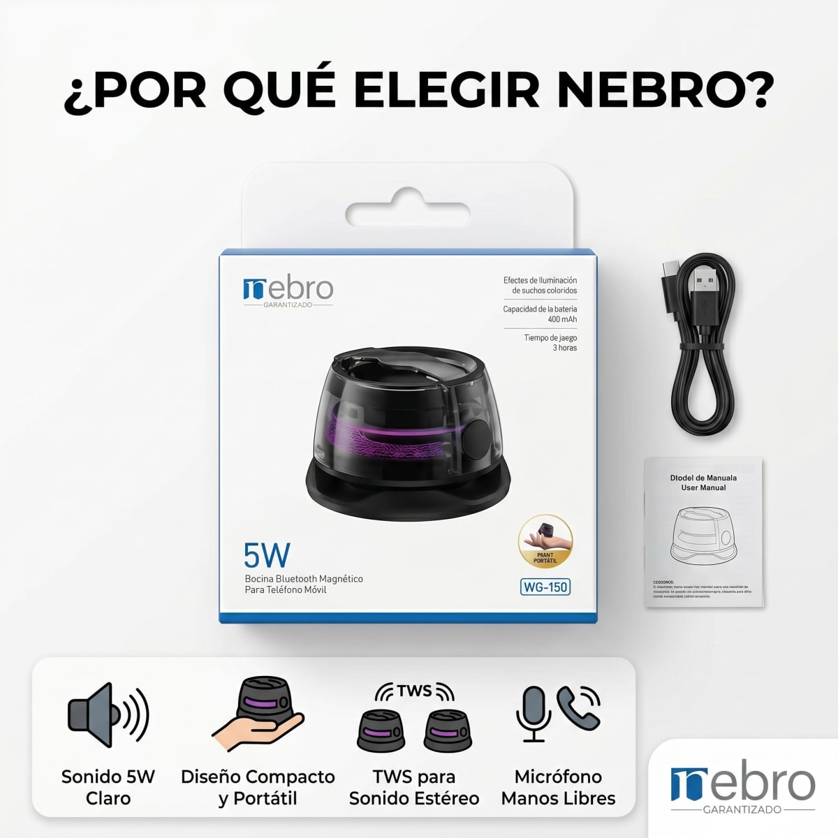 Bocina Bluetooth TWS Manos libres 5W Nebro WG1501