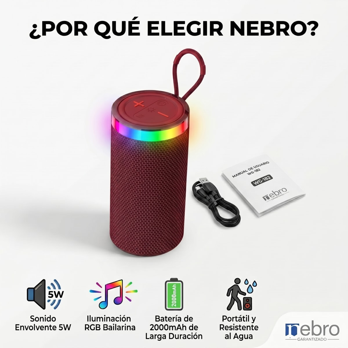 Bocina Bluetooth RGB NEBRO WG182 5W Sonido Envolvente 2000mAh1