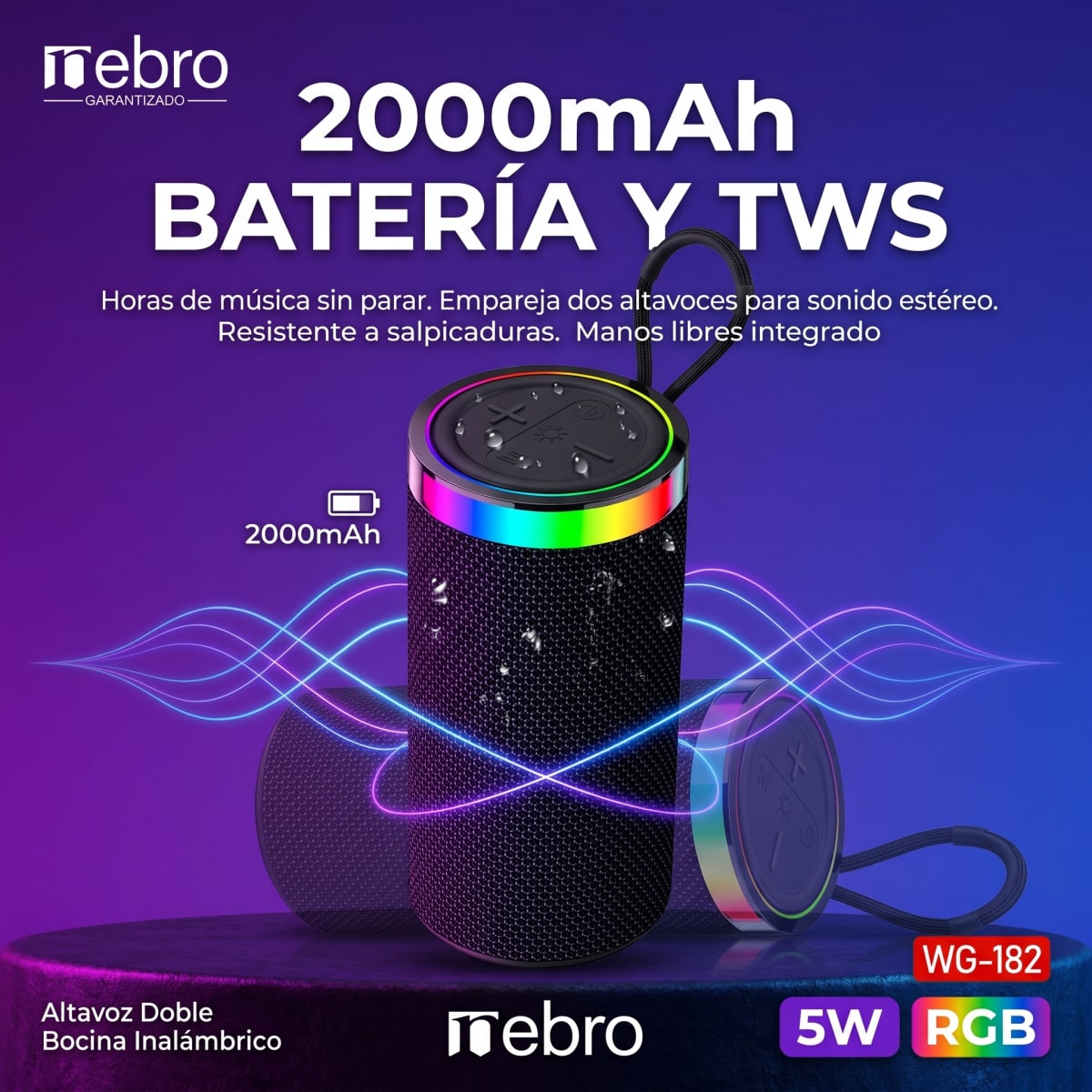 Bocina Bluetooth RGB NEBRO WG182 5W Sonido Envolvente 2000mAh8