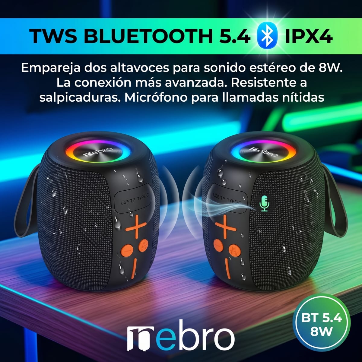 Bocina Bluetooth TWS Bluetooth 54 8W IPX4 NEBRO WG1954