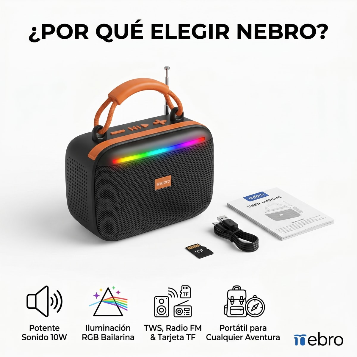 Bocina Bluetooth RGB Solar NEBRO WG602 10W TWS Radio FM Tarjeta TF1