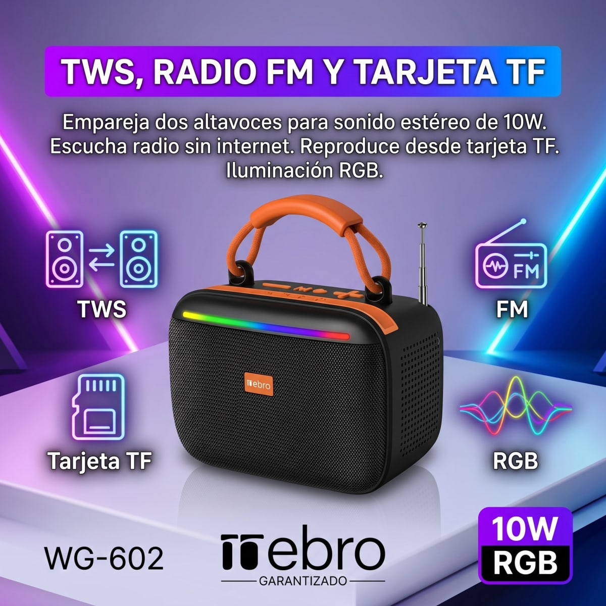 Bocina Bluetooth RGB Solar NEBRO WG602 10W TWS Radio FM Tarjeta TF2
