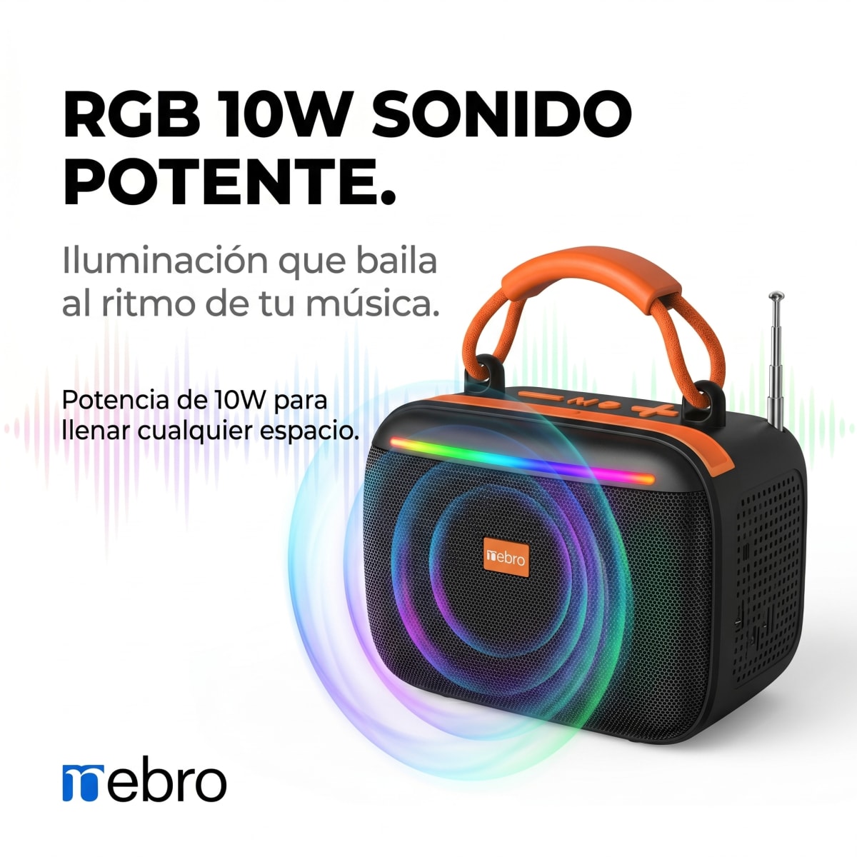 Bocina Bluetooth RGB Solar NEBRO WG602 10W TWS Radio FM Tarjeta TF3